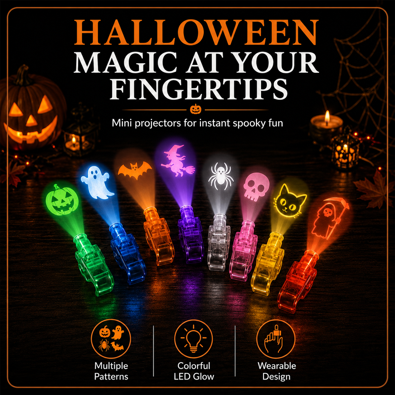 SpookyBeam™ Halloween Finger Projector Rings