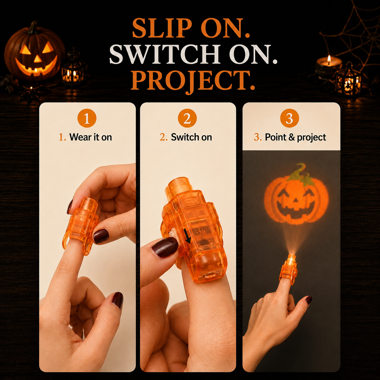 SpookyBeam™ Halloween Finger Projector Rings